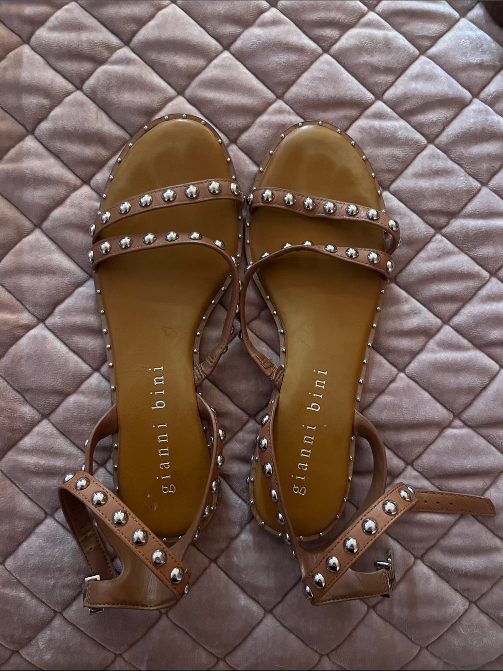 Gianni Bini Tan Leather Studded Ankle-Strap Sandals - Picture 2 of 3